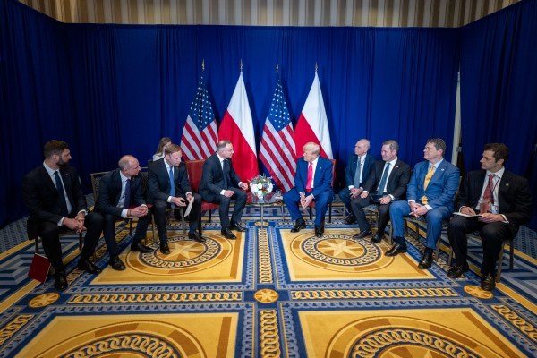 President Donald Trump meets with Polish President Andrzej Duda at the Gaylord National Resort & Convention Center, in Oxon Hill, Maryland, on Saturday, February 22, 2025. (Official White House Photo by Molly Riley)