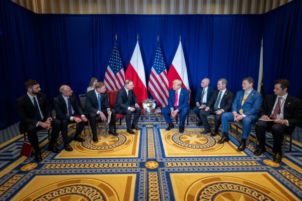President Donald Trump meets with Polish President Andrzej Duda at the Gaylord National Resort & Convention Center, in Oxon Hill, Maryland, on Saturday, February 22, 2025. (Official White House Photo by Molly Riley)