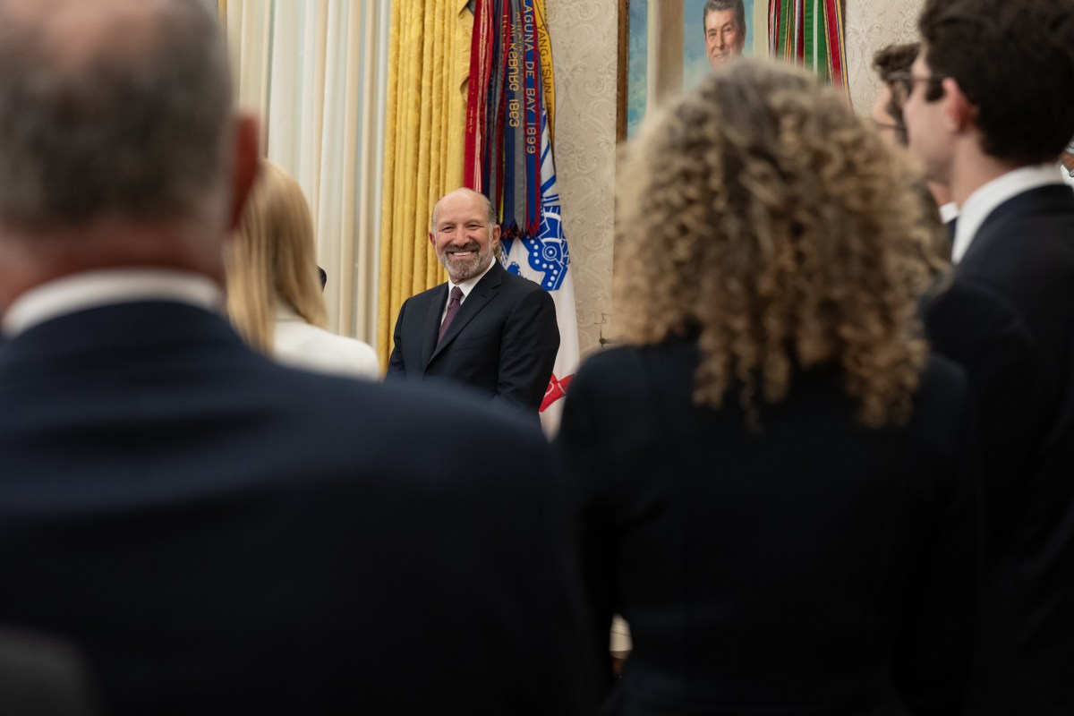 President Donald Trump makes remarks at the swearing-in of Commerce Secretary Howard Lutnick, Friday, February 21, 2025, in the Oval Office. (Official White House Photo by Emily J. Higgins.)