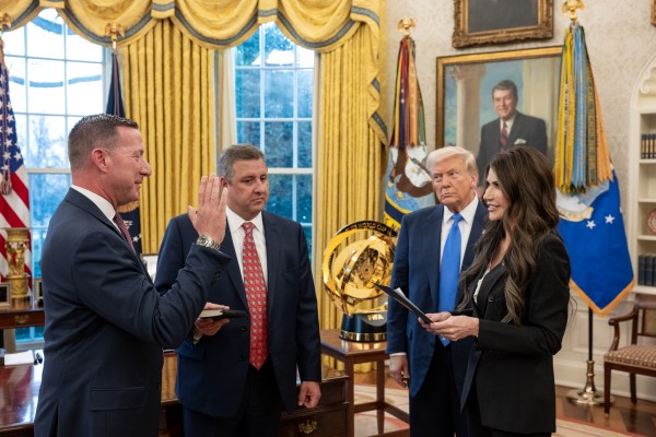 President Donald Trump holds a ceremonial swearing-in for Director of the U.S. Secret Service Sean Curran, Monday, March 10, 2025, in the Oval Office. (Official White House Photo by Molly Riley)