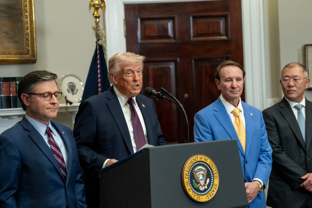 President Donald Trump and Louisiana Governor Jeff Landry speak in the Roosevelt Room alongside Hyundai executive chairman Eui Sun Chung, Monday, March 24, 2025. (Official White House Photo by Joyce N. Boghosian)
