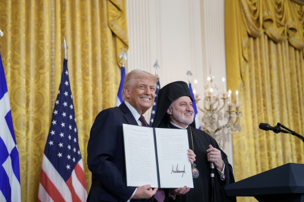 President Donald J. Trump signs a proclamation honoring the 185th anniversary of of Greek Independence during a Greek Independence Day Reception, Monday, March 24, 2025, in the East Room at the White House. (Official White House Photo by Joyce Boghosian)