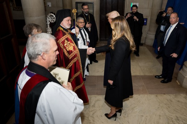 President Donald J. Trump and First Lady Melania Trump are greeted by church officials at the national prayer service, Jan. 21, 2025. (Official White House Photo by Andrea Hanks)