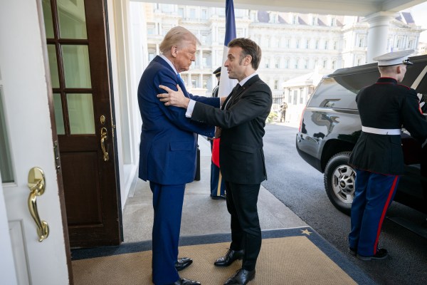 President Donald Trump greets French President Emmanuel Macron, Monday, February 24, 2025, at the West Wing Lobby of the White House. (Official White House Photo by Daniel Torok)