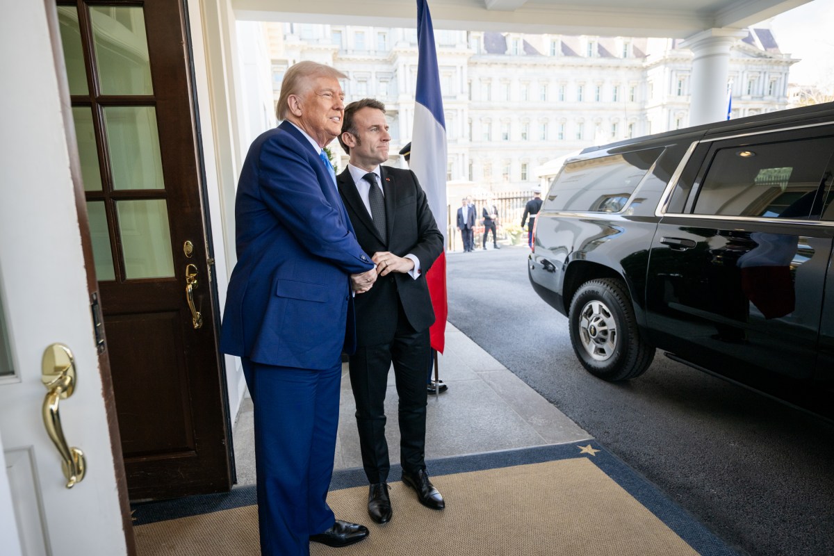 President Donald Trump greets French President Emmanuel Macron, Monday, February 24, 2025, at the West Wing Lobby of the White House. (Official White House Photo by Daniel Torok)