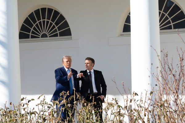 President Donald Trump walks along the West Colonnade with French President Emmanuel Macron, Monday, February 24, 2025.
(Official White House Photo by Joyce N. Boghosian)