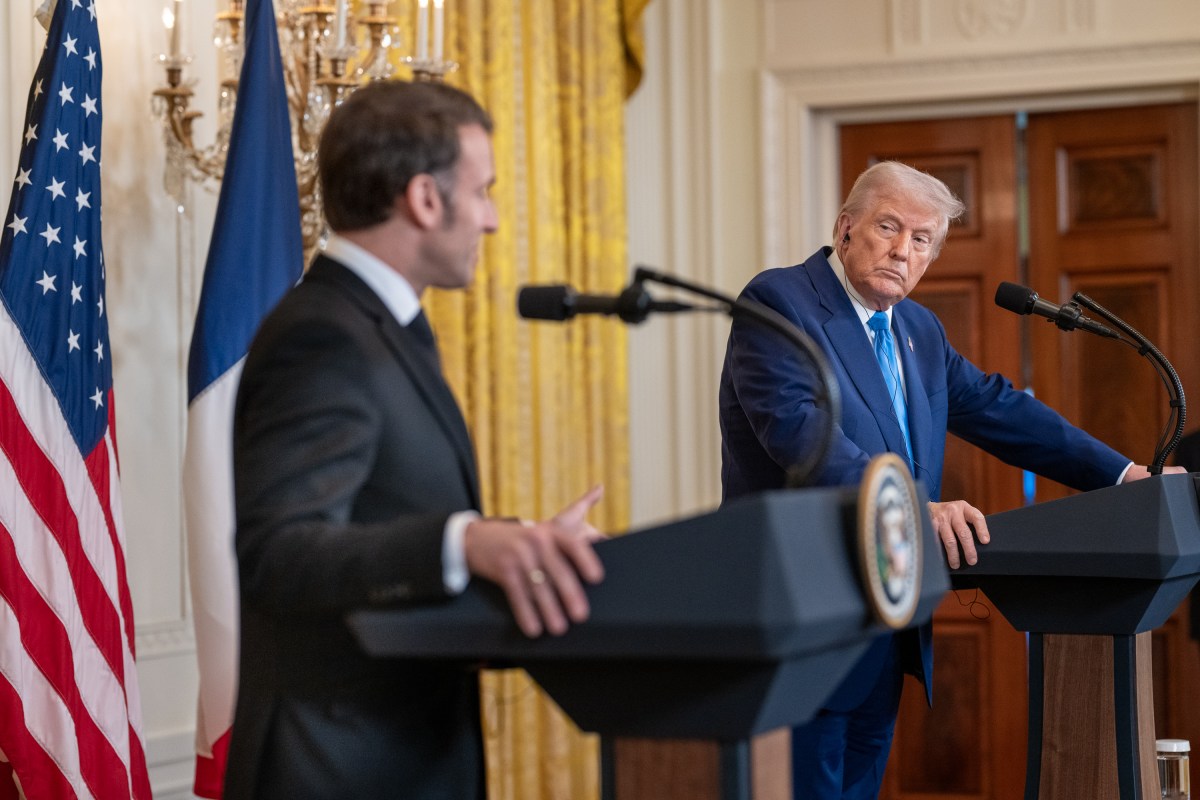 President Donald Trump and French President Emmanuel Macron hold a joint press conference, Monday, February 24, 2025, in the East Room of the White House.(Official Photo by Molly Riley)