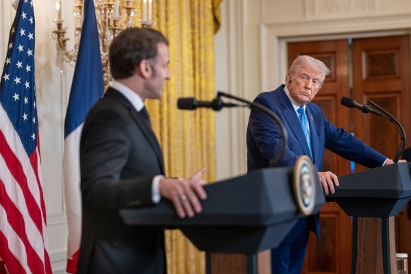 President Donald Trump and French President Emmanuel Macron hold a joint press conference, Monday, February 24, 2025, in the East Room of the White House.(Official Photo by Molly Riley)