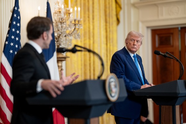 President Donald Trump and French President Emmanuel Macron hold a joint press conference, Monday, February 24, 2025, in the East Room of the White House.(Official Photo by Molly Riley)