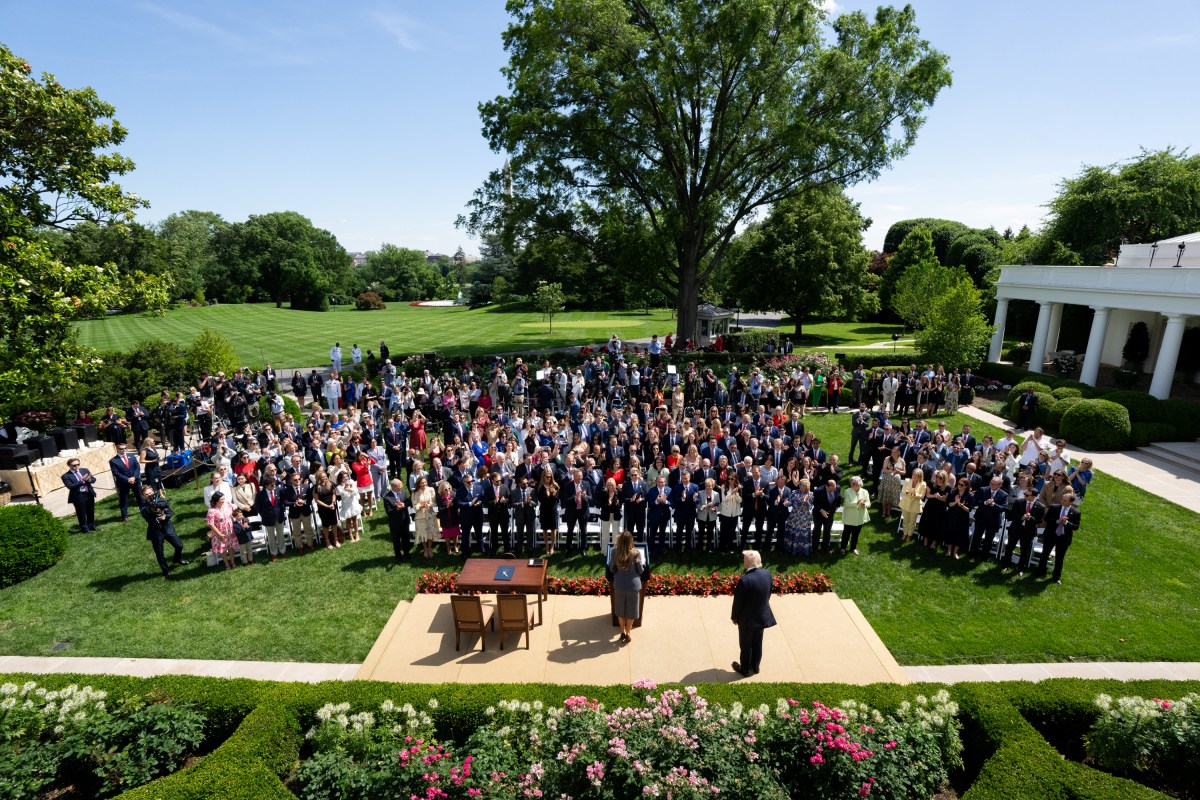 President Donald Trump and First Lady Melania Trump participate in a bill signing ceremony for the Take it Down Act, Monday, May 19, 2025, in the White House Rose Garden. (Official White House Photo by Andrea Hanks)