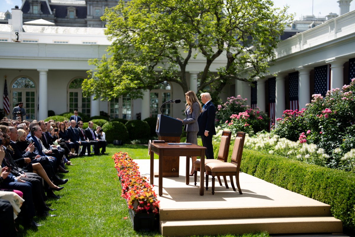 President Donald Trump and First Lady Melania Trump participate in a bill signing ceremony for the Take it Down Act, Monday, May 19, 2025, in the White House Rose Garden. (Official White House Photo by Andrea Hanks)