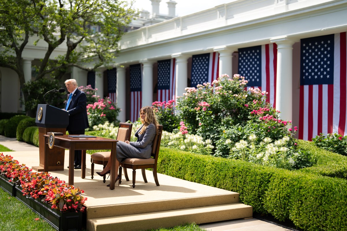 President Donald Trump and First Lady Melania Trump participate in a bill signing ceremony for the Take it Down Act, Monday, May 19, 2025, in the White House Rose Garden. (Official White House Photo by Andrea Hanks)