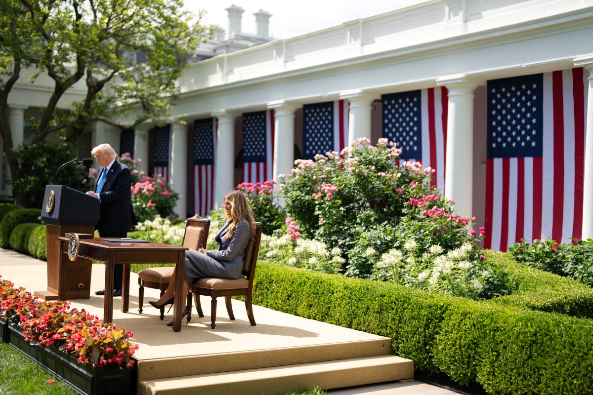 President Donald Trump and First Lady Melania Trump participate in a bill signing ceremony for the Take it Down Act, Monday, May 19, 2025, in the White House Rose Garden. (Official White House Photo by Andrea Hanks)