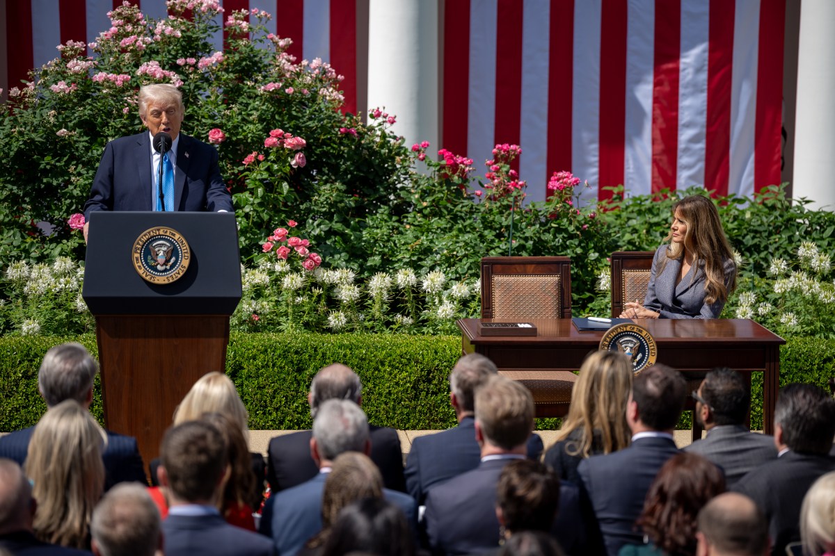 President Donald Trump and First Lady Melania Trump participate in a bill signing ceremony for the Take it Down Act, Monday, May 19, 2025, in the White House Rose Garden.(Official White House Photo by Carlos Fyfe)
