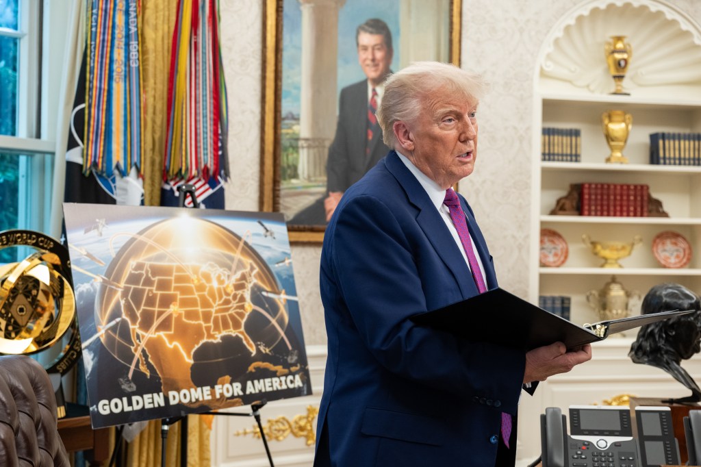 President Donald Trump speaks with officials and staff in the Oval Office before his announcement of the Golden Dome missile defense system, Tuesday, May 20, 2025. (Official White House Photo by Joyce N. Boghosian)