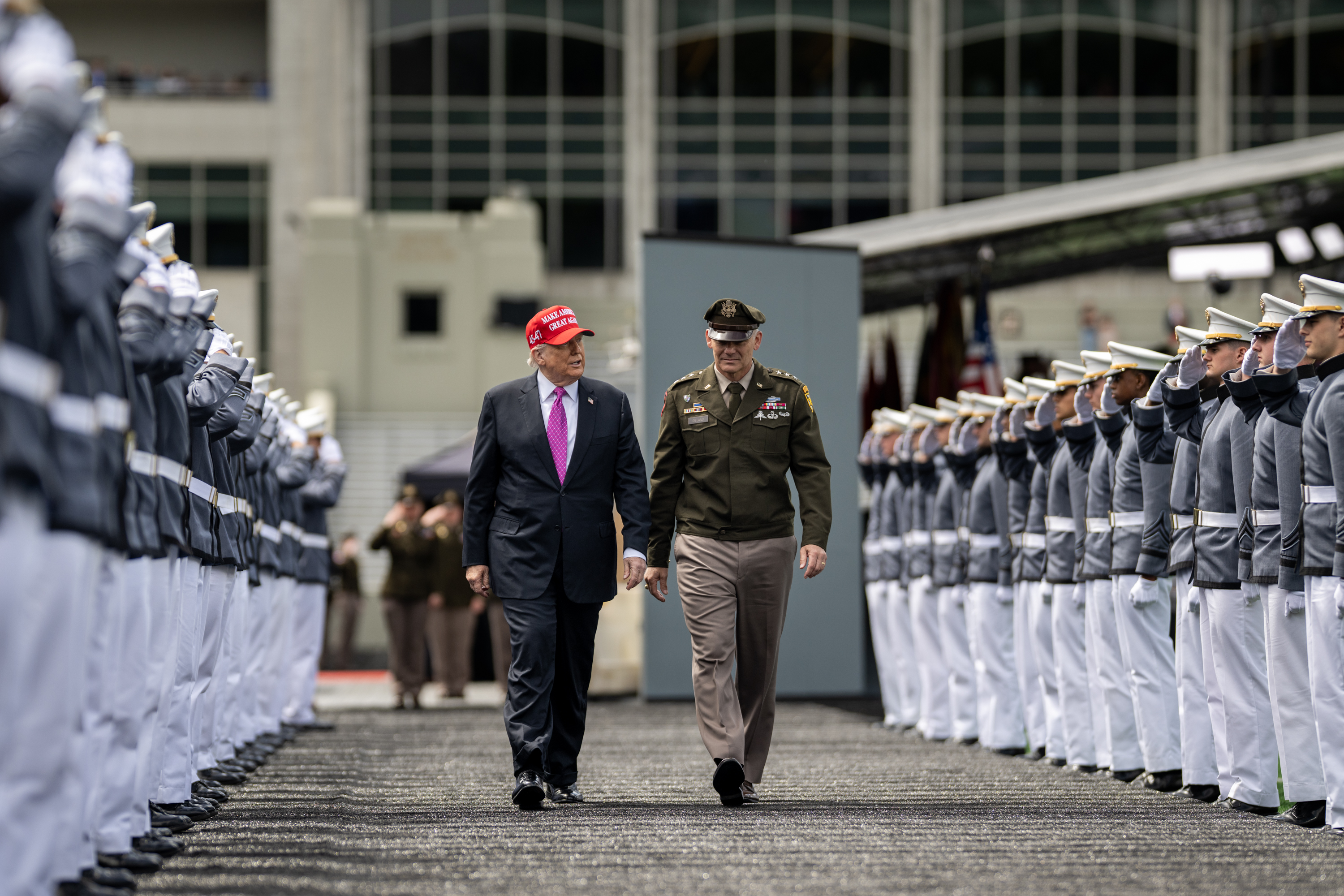 President Donald Trump leaves Michie Stadium after delivering remarks at the 2025 U.S. Military Academy commencement, Saturday, May 24, 2025, in West Point, New York. (Official White House Photo by Daniel Torok)