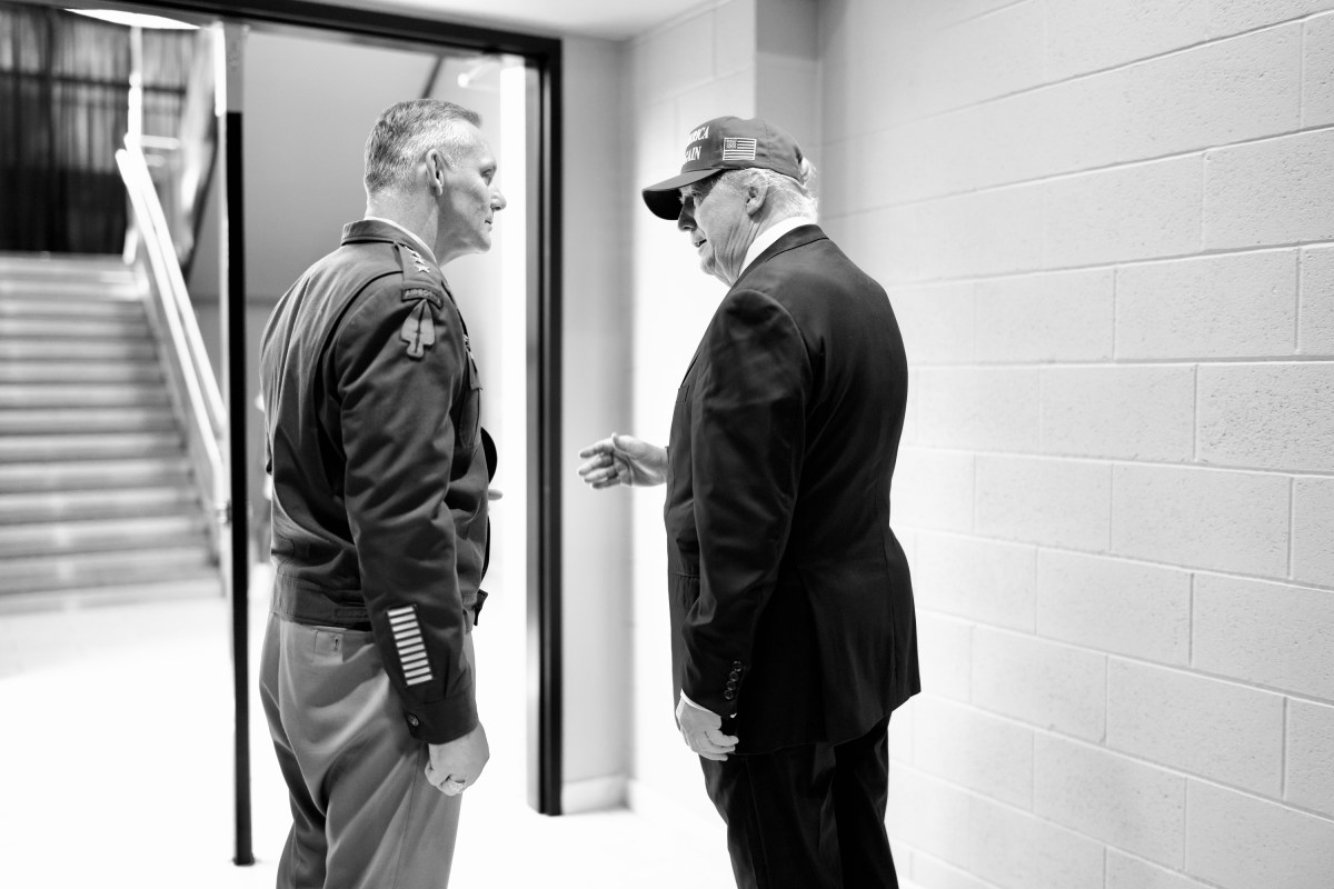 President Donald Trump speaks with LTG Steven Gilland, superintendent of West Point Military Academy, after delivering remarks at the 2025 U.S. Military Academy commencement, Saturday, May 24, 2025, in West Point, New York. (Official White House Photo by Daniel Torok)