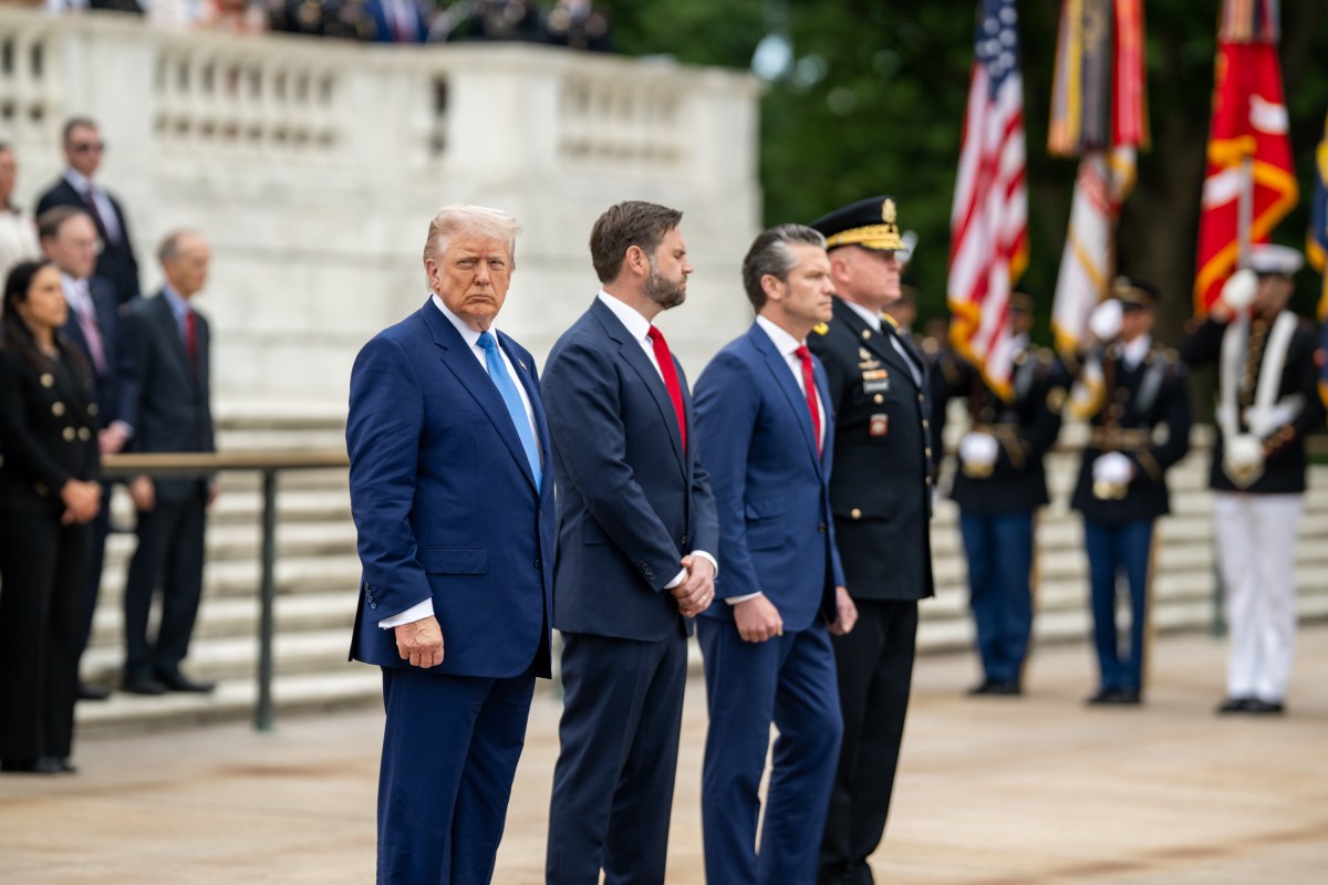 President Donald Trump, Vice President JD Vance, and Secretary of Defense Pete Hegseth participate in a wreath-laying ceremony at the Tomb of the Unknown Soldier on Memorial Day, Monday, May 26, 2026, at Arlington National Cemetery in Arlington, Virginia. (Official White House Photo by Daniel Torok)