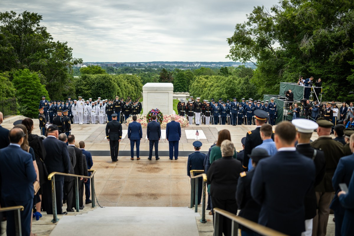 President Donald Trump, Vice President JD Vance, and Secretary of Defense Pete Hegseth participate in a wreath-laying ceremony at the Tomb of the Unknown Soldier on Memorial Day, Monday, May 26, 2026, at Arlington National Cemetery in Arlington, Virginia. (Official White House Photo by Daniel Torok)