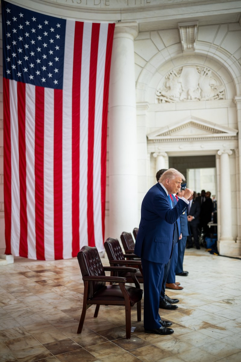 President Donald Trump participates in a Memorial Day ceremony at Arlington National Cemetery Amphitheater, Monday, May 26, 2025, in Arlington, Virginia. (Official White House Photo by Daniel Torok)
