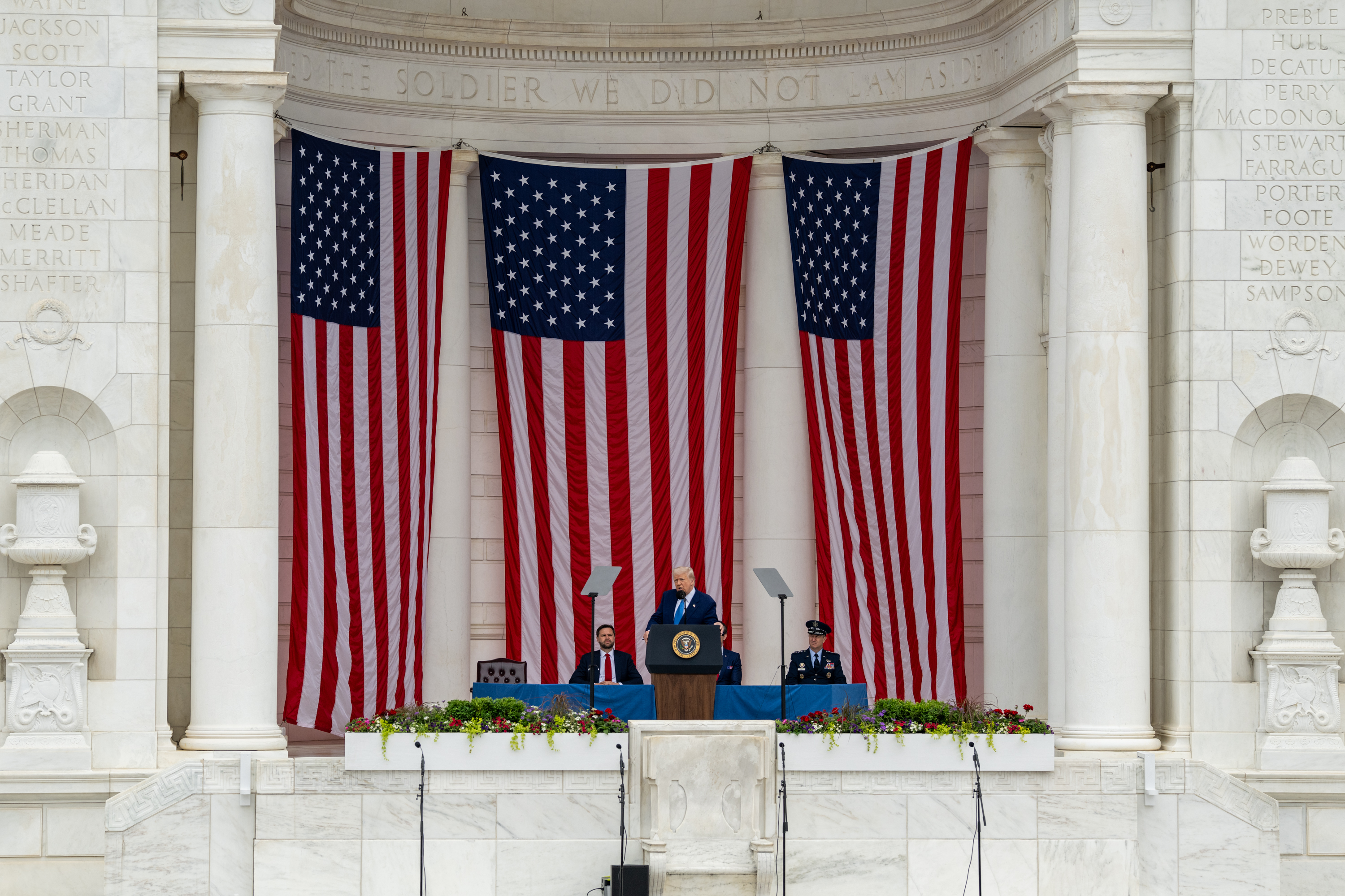 President Donald Trump delivers remarks during a Memorial Day ceremony at Arlington National Cemetery Amphitheater, Monday, May 26, 2025, in Arlington, Virginia. (Official White House Photo by Daniel Torok)