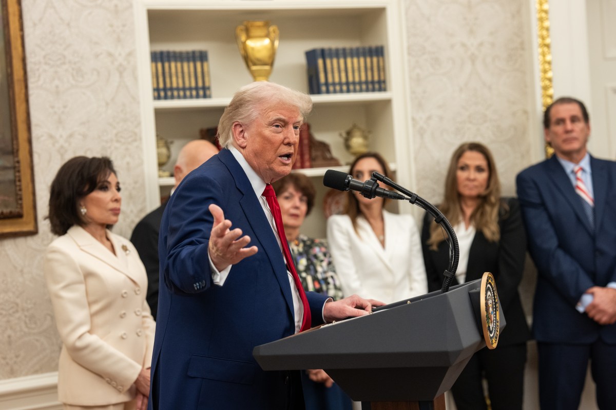 President Donald Trump answers questions from members of the media after the swearing-in ceremony for the Interim U.S. Attorney for the District of Columbia Jeanine Pirro, Wednesday, May 28, 2025, in the Oval Office. (Official White House Photo by Joyce N. Boghosian)