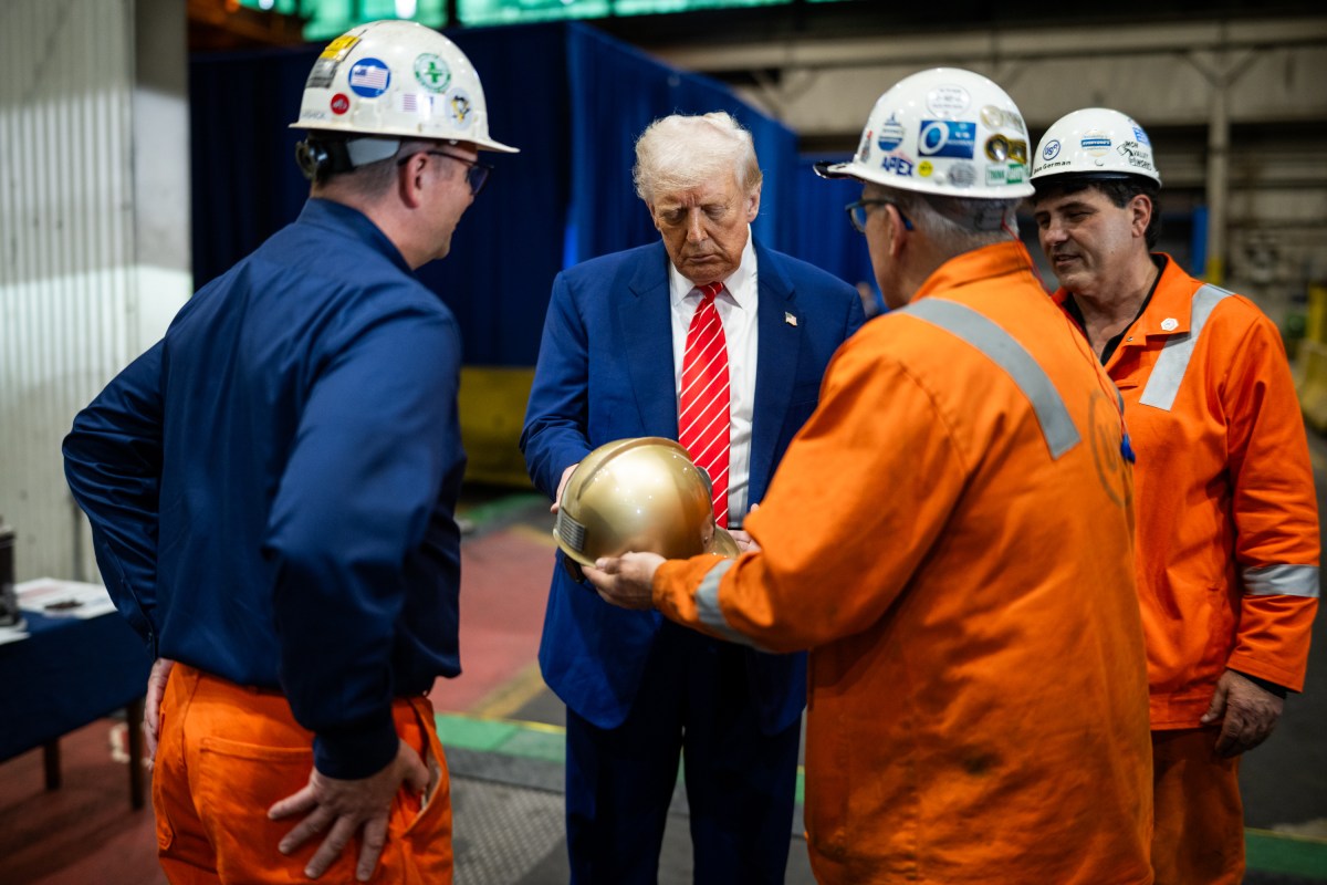 President Donald Trump speaks with workers before delivering remarks on a partnership deal with U.S. Steel and Nippon Steel at the U.S. Steel Corporation-Irvin Works in West Mifflin, Pennsylvania, Friday, May 30, 2025.(Official White House Photo by Daniel Torok)