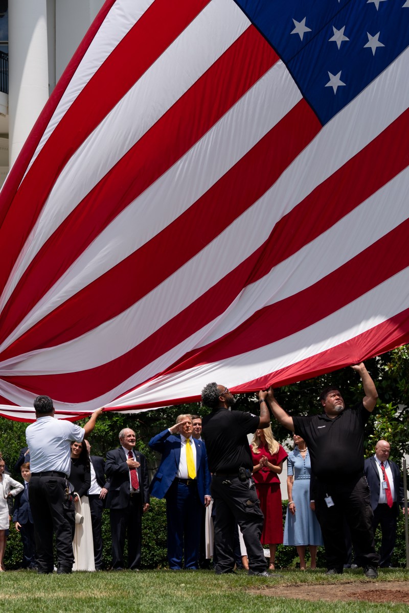 President Donald Trump watches the United States flag is raised on the newly installed flagpole on the South Lawn of the White House, Wednesday, June 18, 2025. (Official White House Photo by Andrea Hanks)
