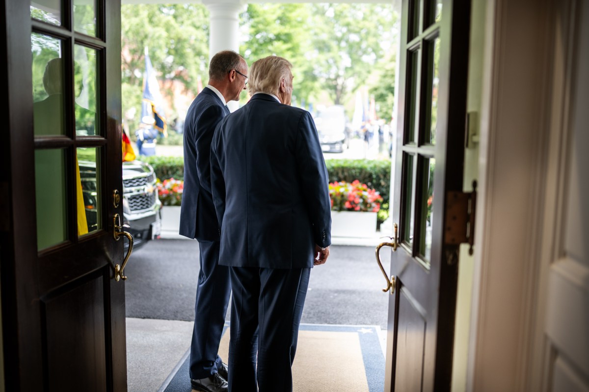 President Donald Trump greets German Chancellor Friedrich Merz at the West Wing entrance of the White House, Thursday, June 5, 2025. (Official White House Photo by Daniel Torok)