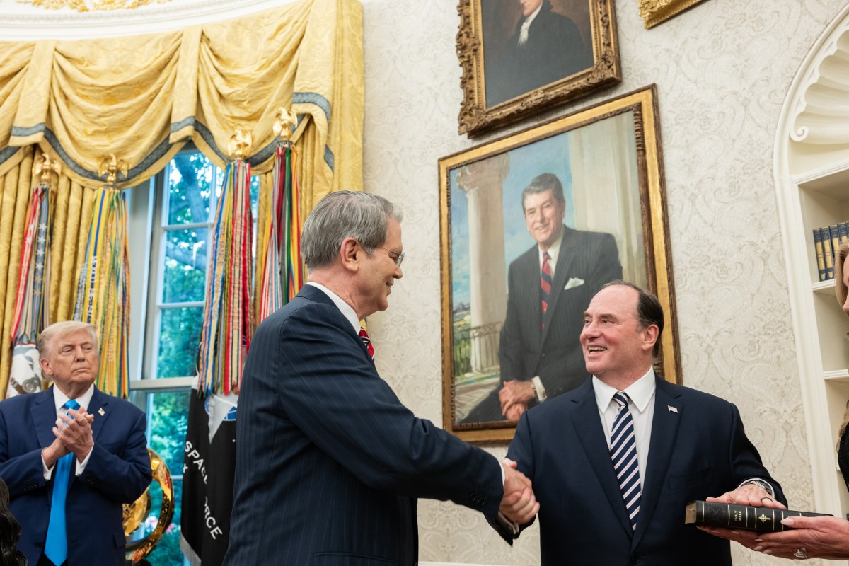 President Donald Trump participates in the swearing-in ceremony for the Secretary of the Navy John Phelan in the Oval Office, Friday, June 6, 2025. (Official White House Photo by Joyce N. Boghosian)