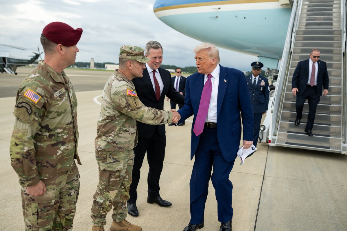 President Donald Trump greets soldiers and staff members after disembarking Air Force One at Pope Army Airfield in North Carolina, Tuesday, June 10, 2025. (Official White House Photo by Daniel Torok)