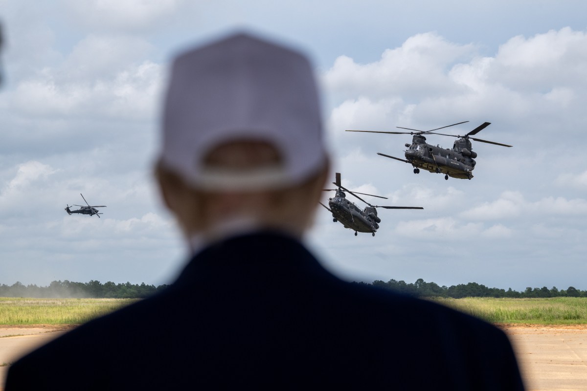 President Donald Trump observes a military demonstration at Fort Bragg, North Carolina on Tuesday, June 10, 2025, during a visit to commemorate the 250th anniversary of the U.S. Army. (Official White House Photo by Daniel Torok)