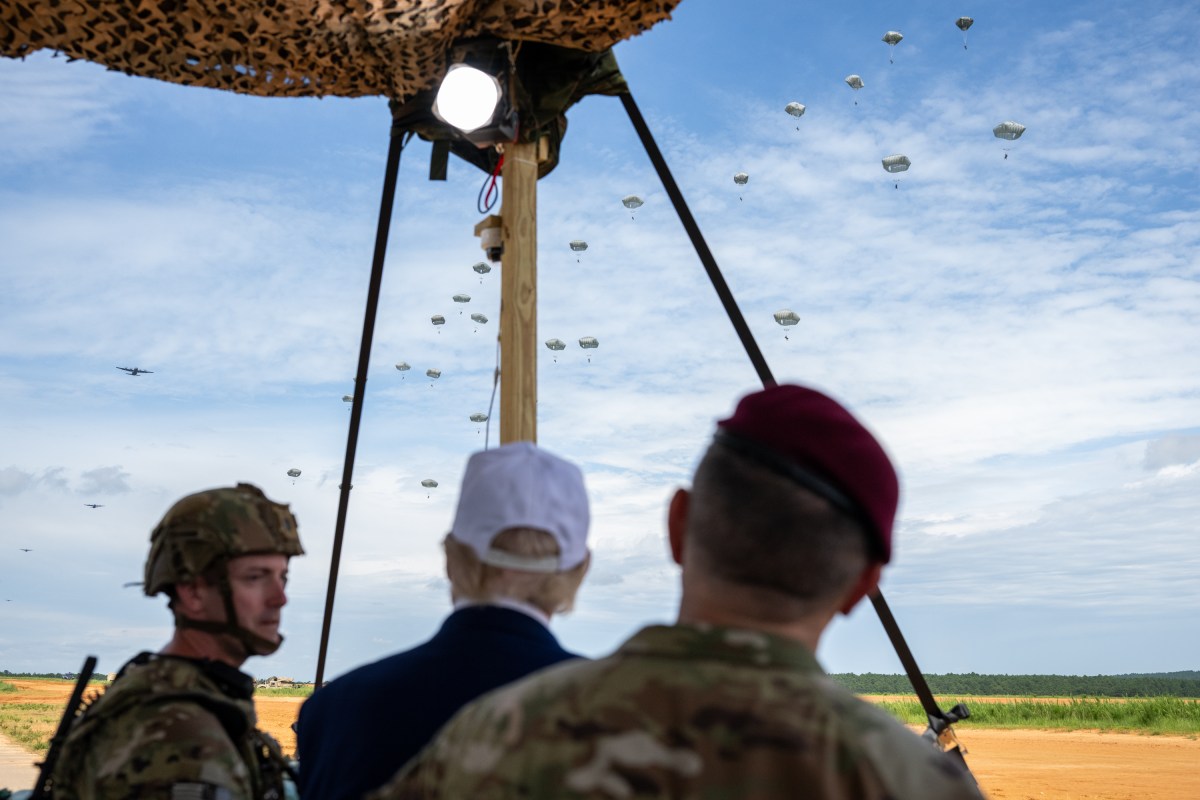 President Donald Trump observes a military demonstration at Fort Bragg, North Carolina on Tuesday, June 10, 2025, during a visit to commemorate the 250th anniversary of the U.S. Army. (Official White House Photo by Daniel Torok)