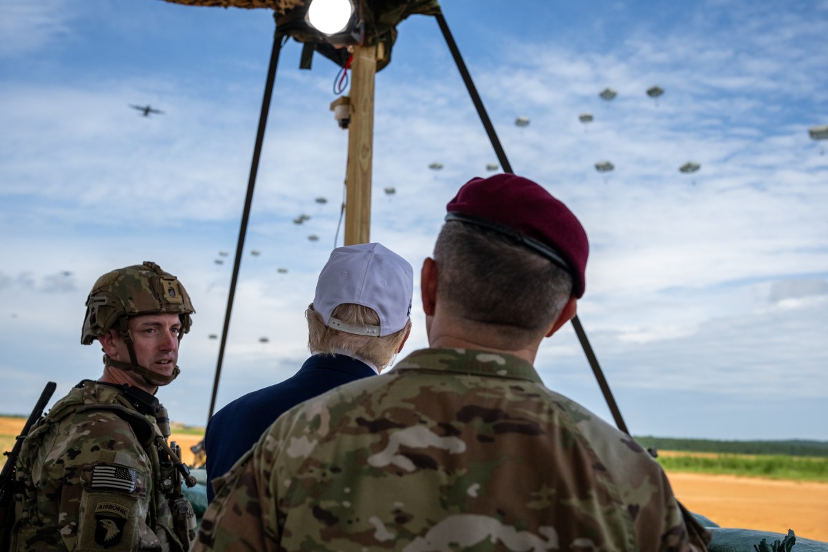 President Donald Trump observes a military demonstration at Fort Bragg, North Carolina on Tuesday, June 10, 2025, during a visit to commemorate the 250th anniversary of the U.S. Army. (Official White House Photo by Daniel Torok)