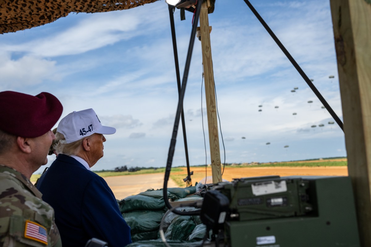 President Donald Trump observes a military demonstration at Fort Bragg, North Carolina on Tuesday, June 10, 2025, during a visit to commemorate the 250th anniversary of the U.S. Army. (Official White House Photo by Daniel Torok)