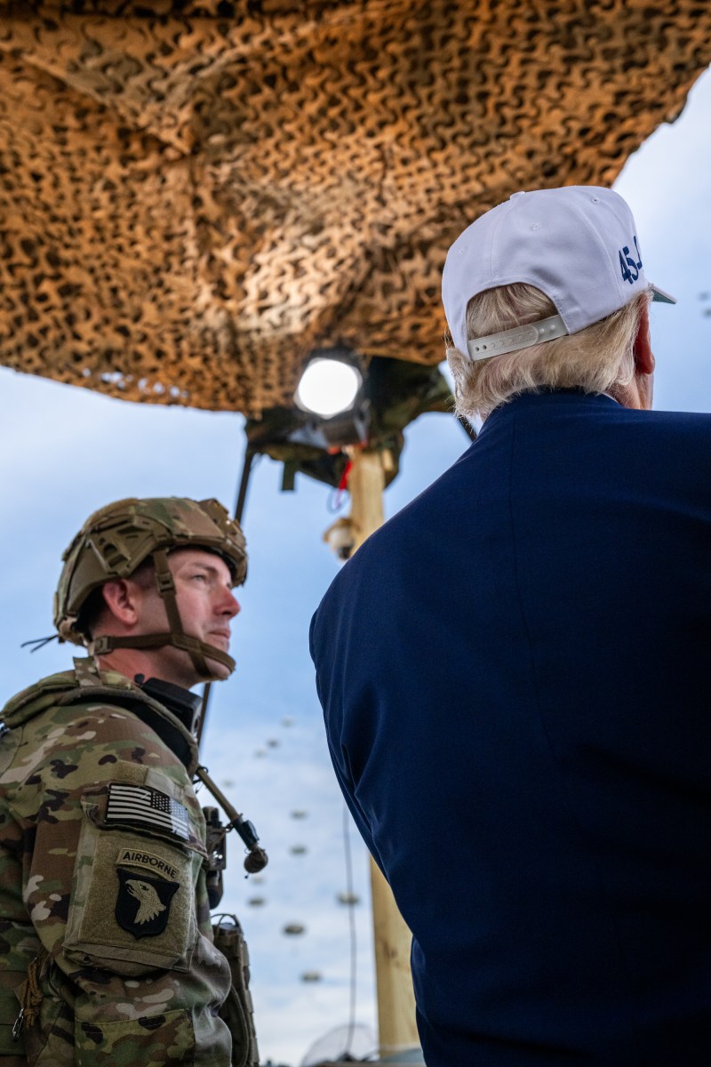 President Donald Trump observes a military demonstration at Fort Bragg, North Carolina on Tuesday, June 10, 2025, during a visit to commemorate the 250th anniversary of the U.S. Army. (Official White House Photo by Daniel Torok)