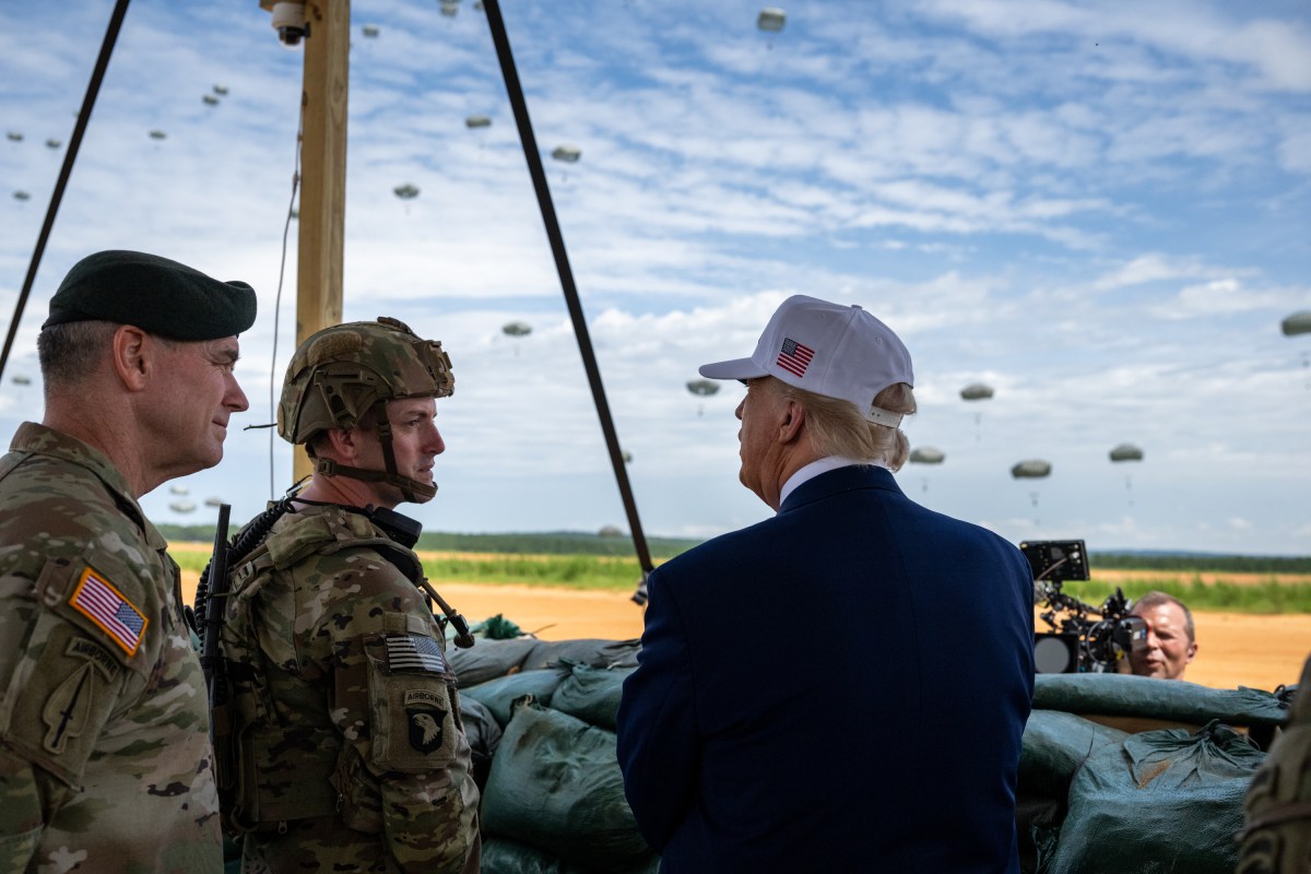 President Donald Trump observes a military demonstration at Fort Bragg, North Carolina on Tuesday, June 10, 2025, during a visit to commemorate the 250th anniversary of the U.S. Army. (Official White House Photo by Daniel Torok)