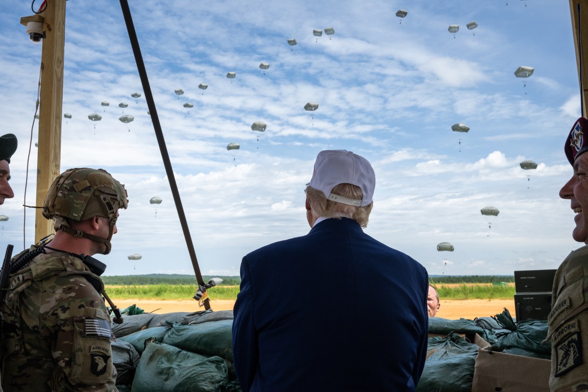President Donald Trump observes a military demonstration at Fort Bragg, North Carolina on Tuesday, June 10, 2025, during a visit to commemorate the 250th anniversary of the U.S. Army. (Official White House Photo by Daniel Torok)