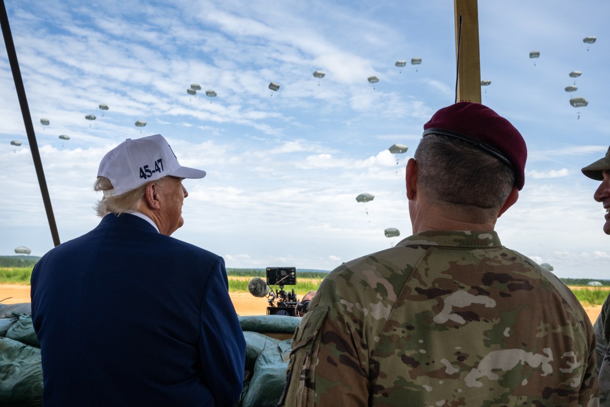 President Donald Trump observes a military demonstration at Fort Bragg, North Carolina on Tuesday, June 10, 2025, during a visit to commemorate the 250th anniversary of the U.S. Army. (Official White House Photo by Daniel Torok)