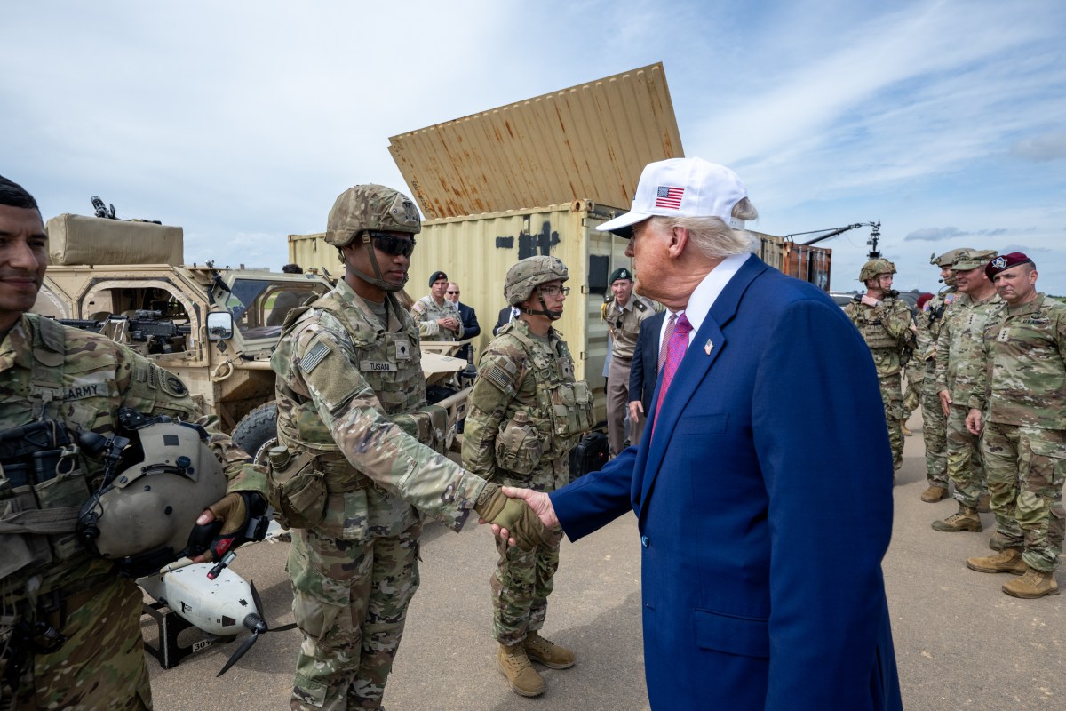 President Donald Trump speaks with members of the military demonstration at Fort Bragg, North Carolina on Tuesday, June 10, 2025, during a visit to commemorate the 250th anniversary of the U.S. Army. (Official White House Photo by Daniel Torok)