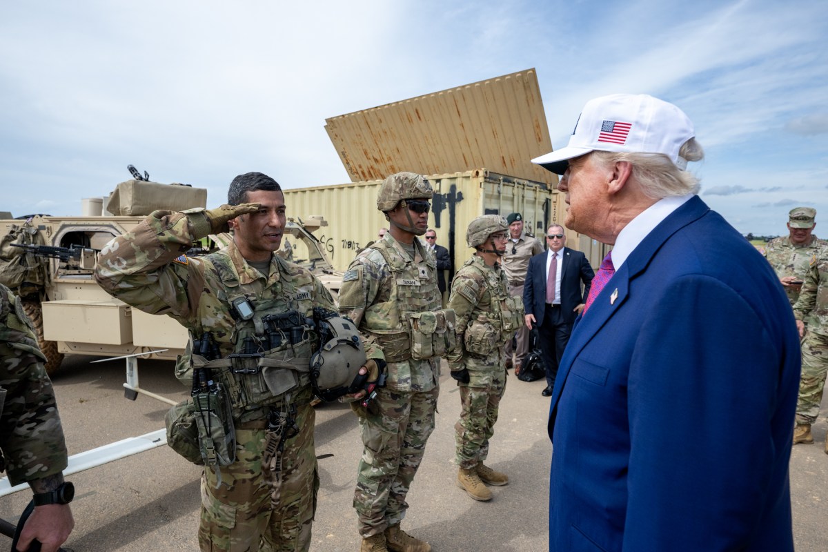 President Donald Trump speaks with members of the military demonstration at Fort Bragg, North Carolina on Tuesday, June 10, 2025, during a visit to commemorate the 250th anniversary of the U.S. Army. (Official White House Photo by Daniel Torok)