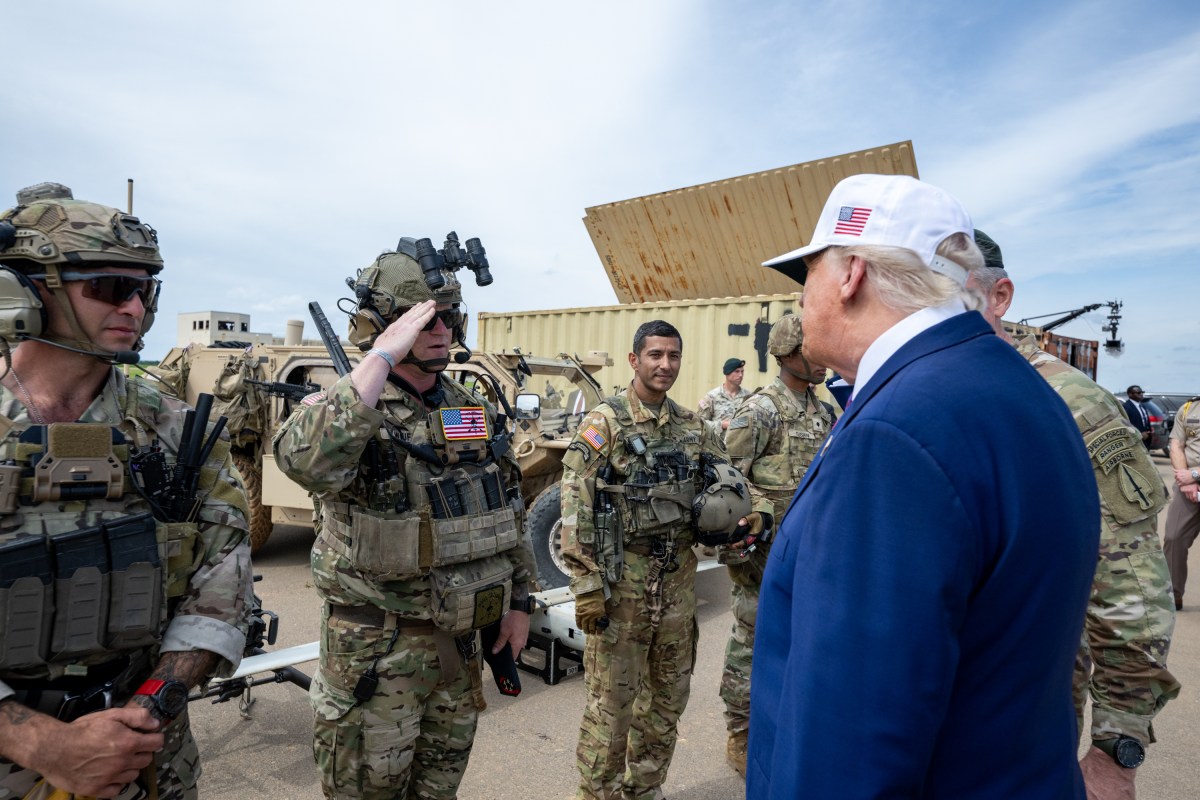 President Donald Trump speaks with members of the military demonstration at Fort Bragg, North Carolina on Tuesday, June 10, 2025, during a visit to commemorate the 250th anniversary of the U.S. Army. (Official White House Photo by Daniel Torok)