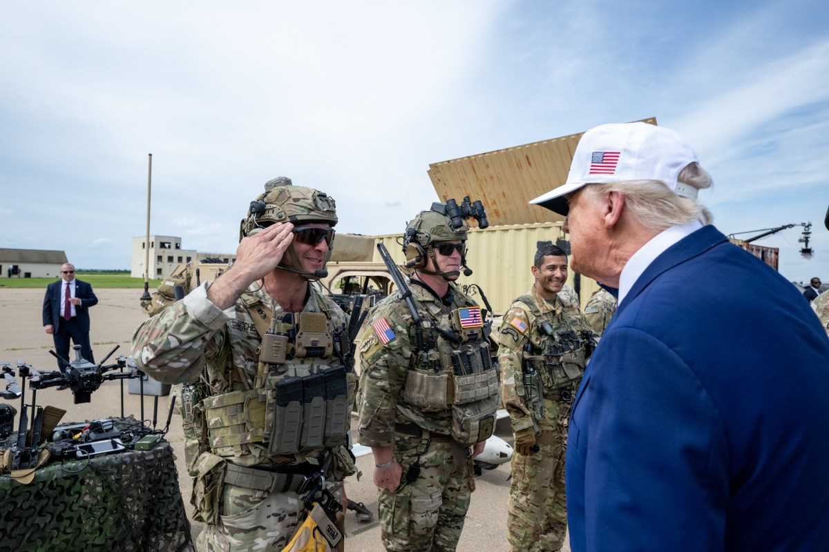 President Donald Trump speaks with members of the military demonstration at Fort Bragg, North Carolina on Tuesday, June 10, 2025, during a visit to commemorate the 250th anniversary of the U.S. Army. (Official White House Photo by Daniel Torok)
