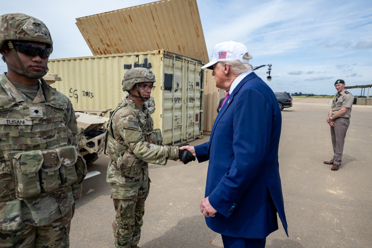 President Donald Trump speaks with members of the military demonstration at Fort Bragg, North Carolina on Tuesday, June 10, 2025, during a visit to commemorate the 250th anniversary of the U.S. Army. (Official White House Photo by Daniel Torok)