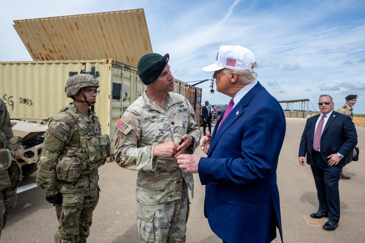 President Donald Trump speaks with members of the military demonstration at Fort Bragg, North Carolina on Tuesday, June 10, 2025, during a visit to commemorate the 250th anniversary of the U.S. Army. (Official White House Photo by Daniel Torok)