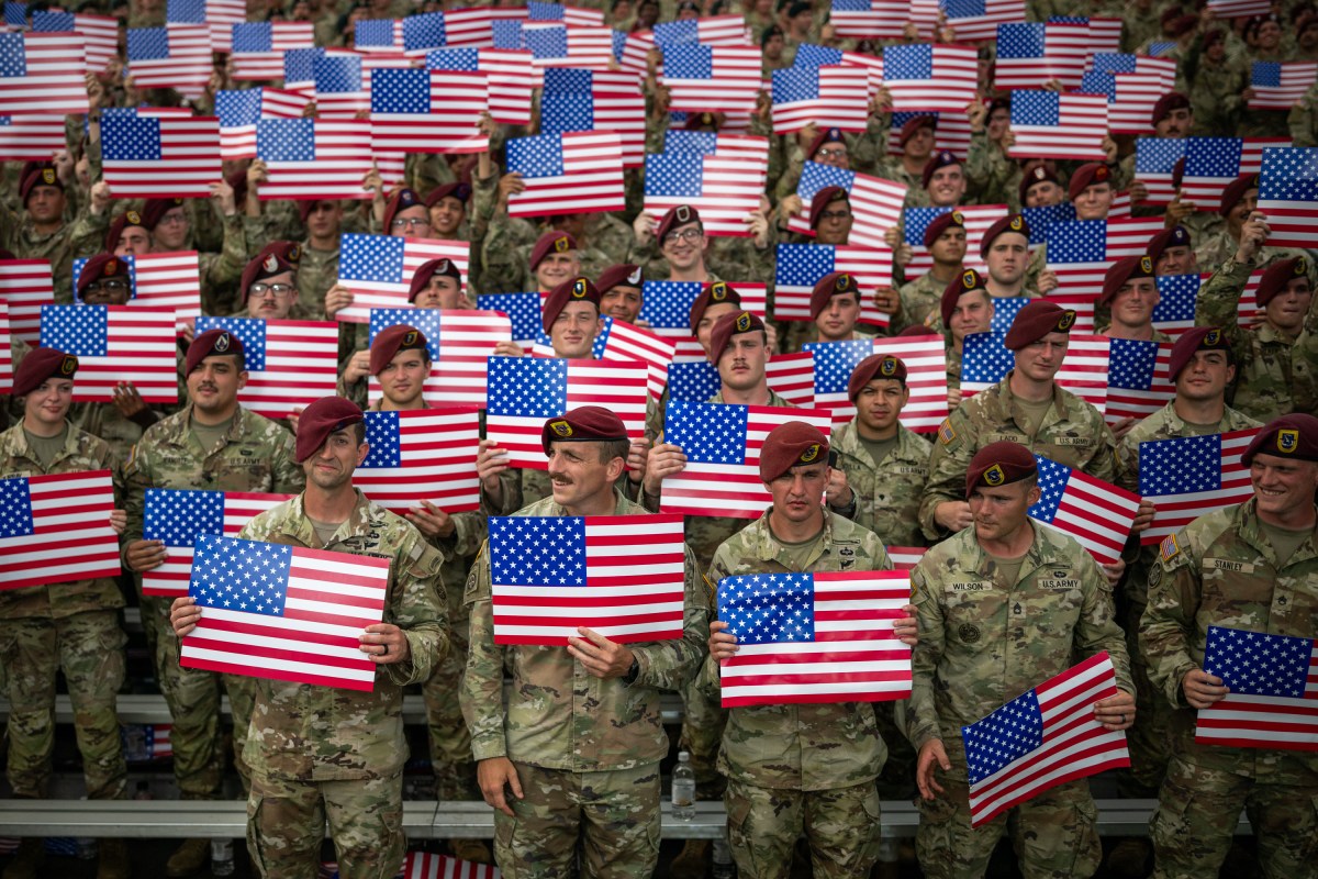 Members of the military listen to Secretary of Defense Pete Hegseth deliver remarks at Fort Bragg, North Carolina on Tuesday, June 10, 2025, during a visit to commemorate the 250th anniversary of the U.S. Army. (Official White House Photo by Daniel Torok)