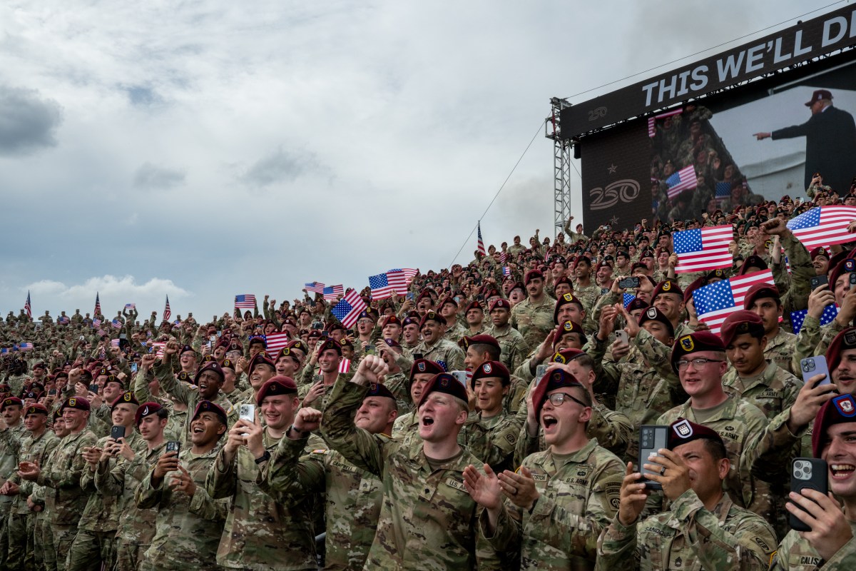 Members of the military cheer for President Donald Trump before he delivers remarks at Fort Bragg, North Carolina on Tuesday, June 10, 2025, during a visit to commemorate the 250th anniversary of the U.S. Army, Tuesday, June 10, 2025. (Official White House Photo by Daniel Torok)
