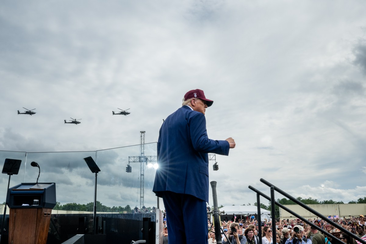 Military helicopters fly by as President Donald Trump begins his remarks at Fort Bragg, North Carolina on Tuesday, June 10, 2025, during a visit to commemorate the 250th anniversary of the U.S. Army. (Official White House Photo by Daniel Torok)