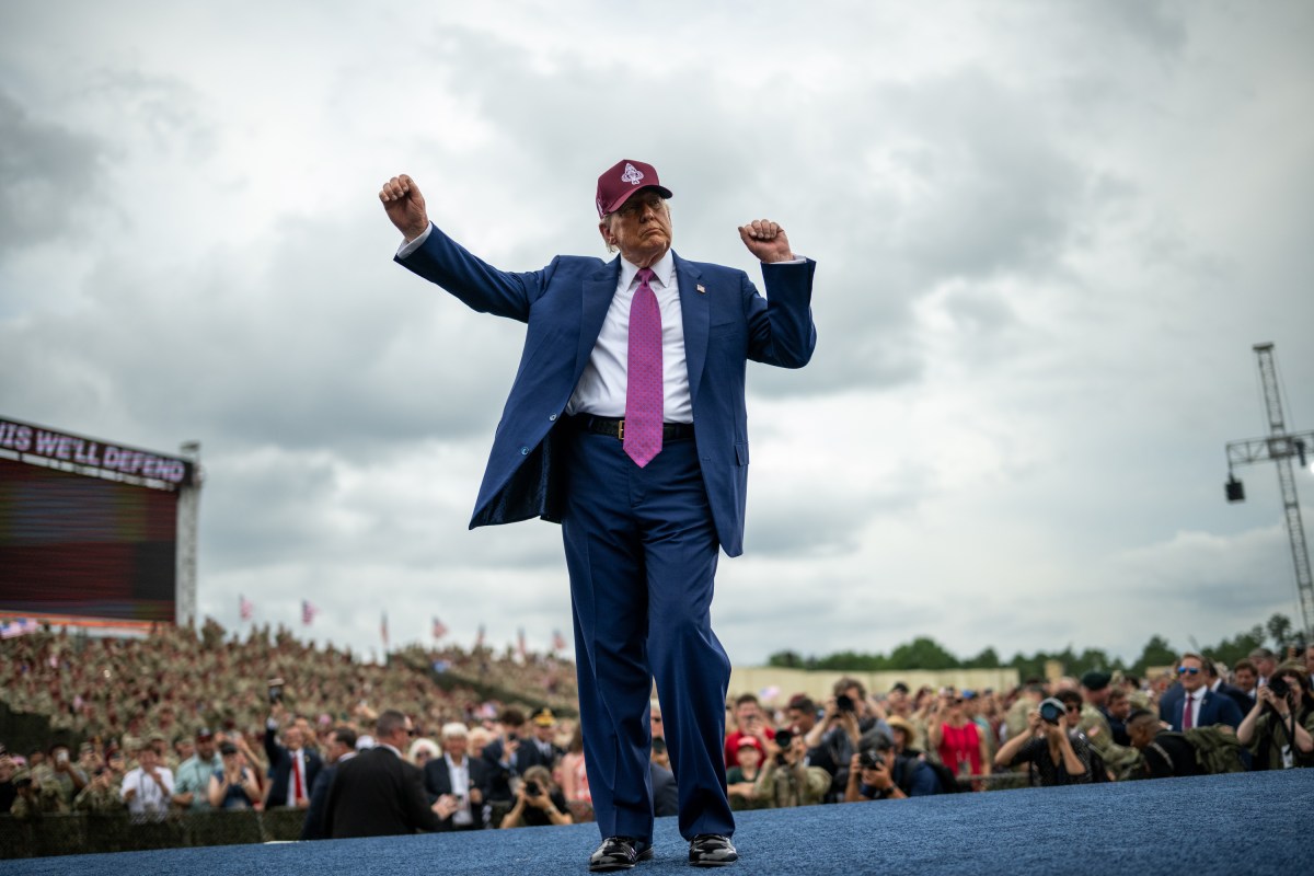 President Donald Trump gestures to the crowd after delivering remarks at Fort Bragg, North Carolina on Tuesday, June 10, 2025, during a visit to commemorate the 250th anniversary of the U.S. Army. (Official White House Photo by Daniel Torok)