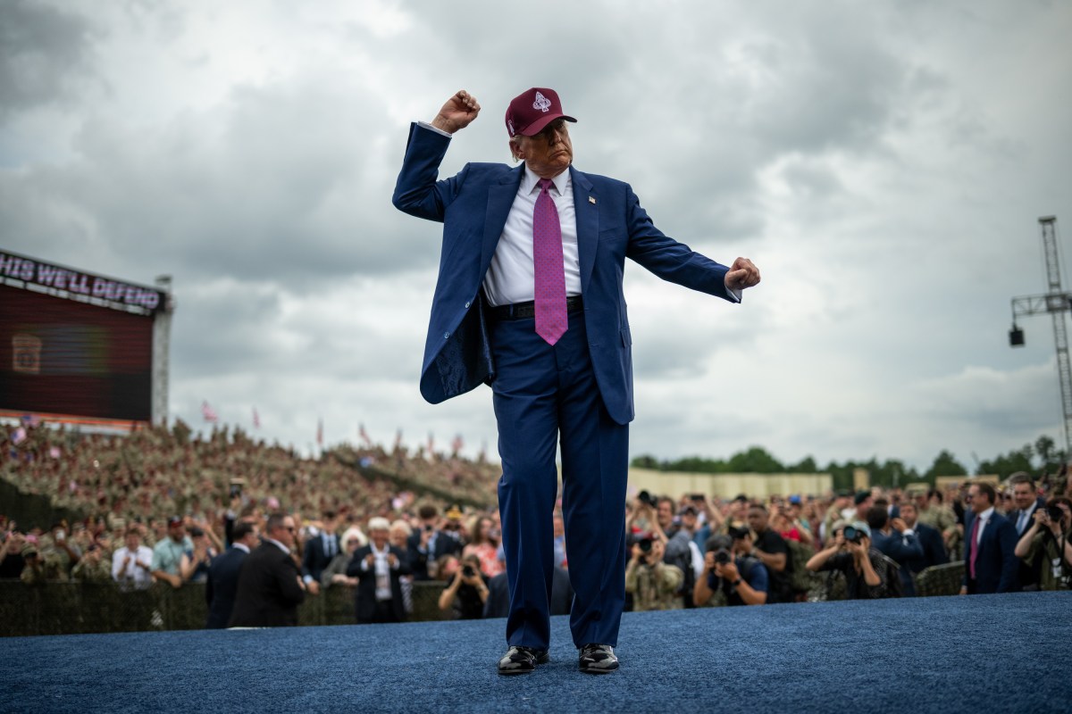 President Donald Trump gestures to the crowd after delivering remarks at Fort Bragg, North Carolina on Tuesday, June 10, 2025, during a visit to commemorate the 250th anniversary of the U.S. Army. (Official White House Photo by Daniel Torok)